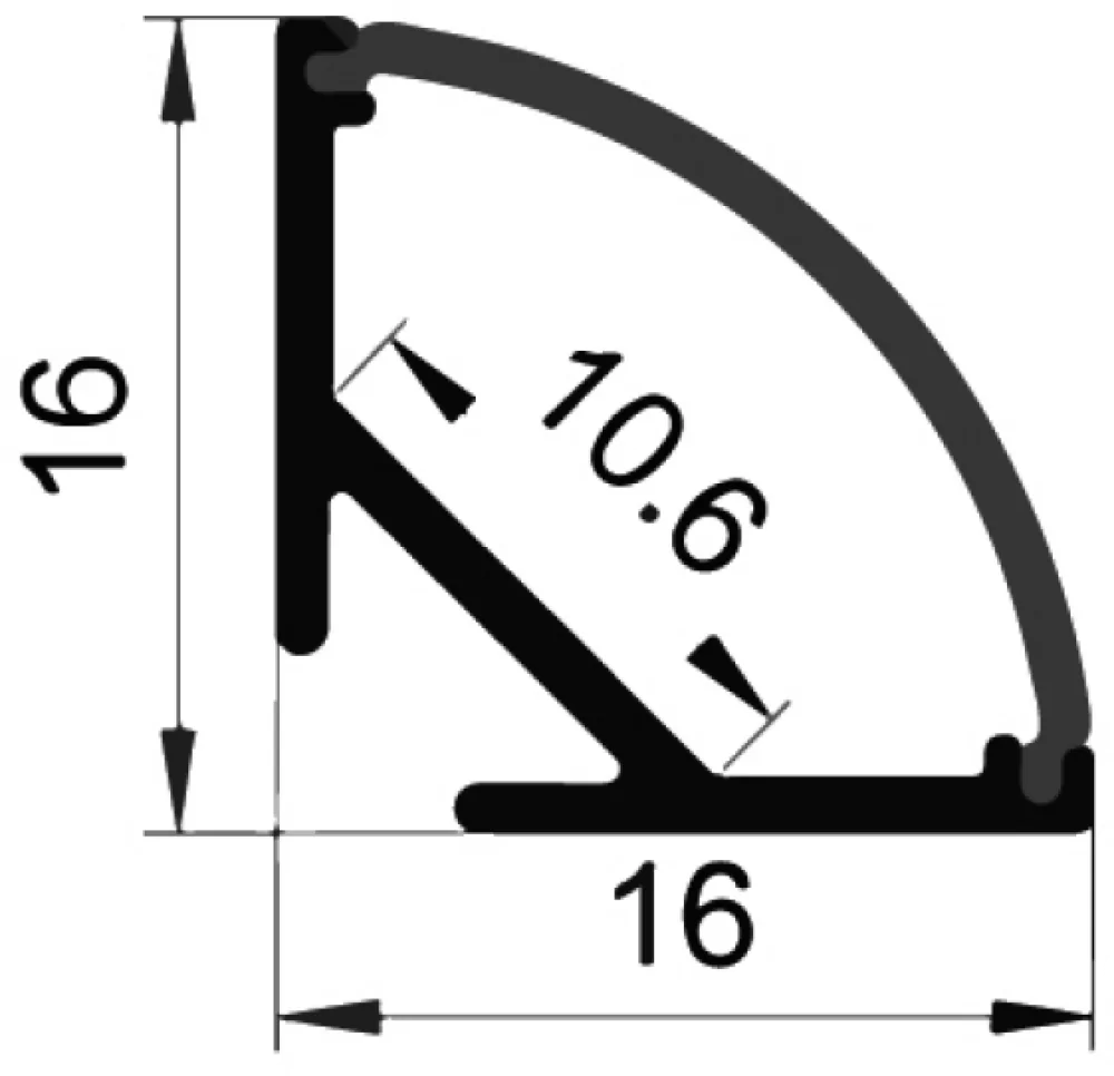 Alu-profile 45° corner for 10mm tape, 2 meter x 16x16 curved
