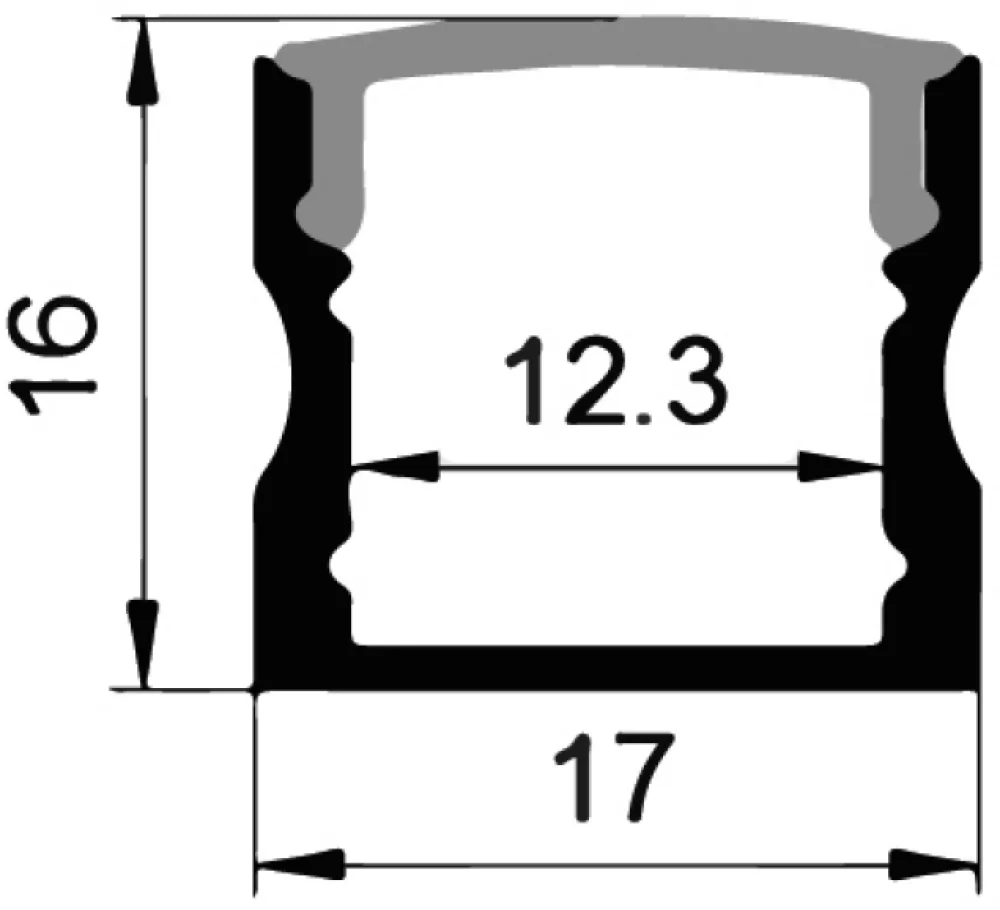Alu-profile for 12mm tape, 2 meter x 17x15, Black