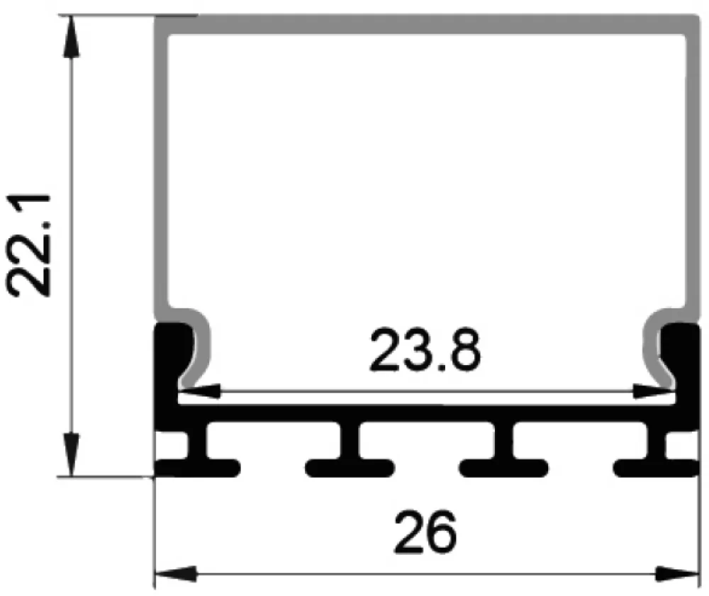 Alu-profile m. firkant cover, 23,2mm x 26,2mm, 2 meter