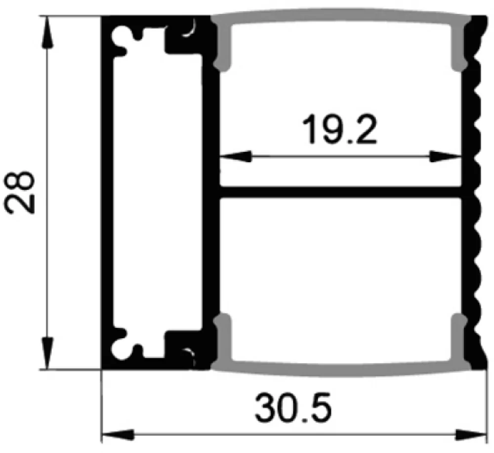 Alu-profile, dual for 12mm tape, 2 meter x 31x28